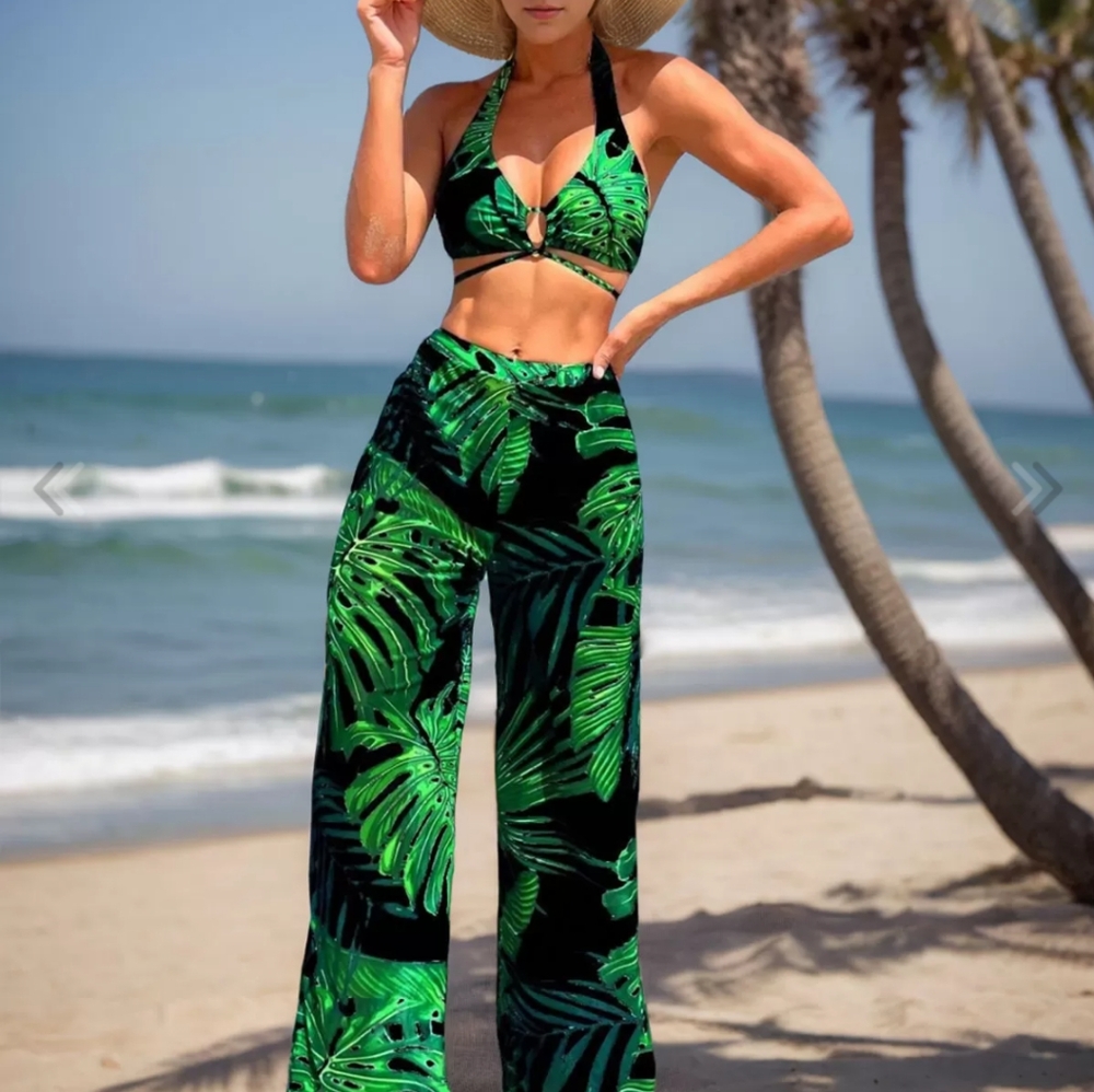3 Piece Tropical Halter High Rise Bikini Set Size Large